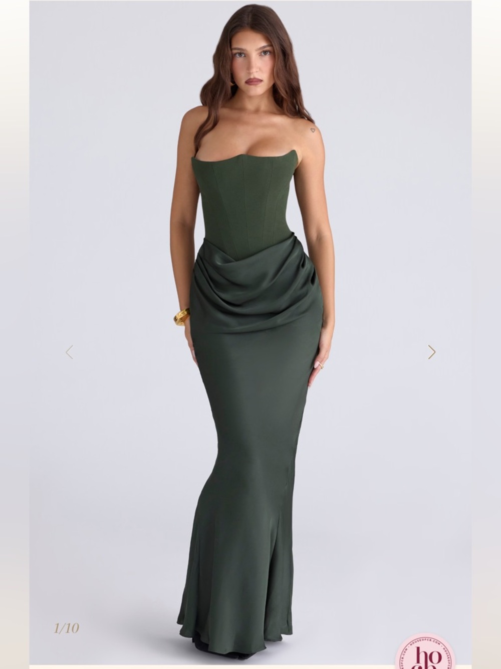 HOUSE OF CB 'Persephone" Emerald Green
Crepe Strapless Corset Maxi dress NWOT